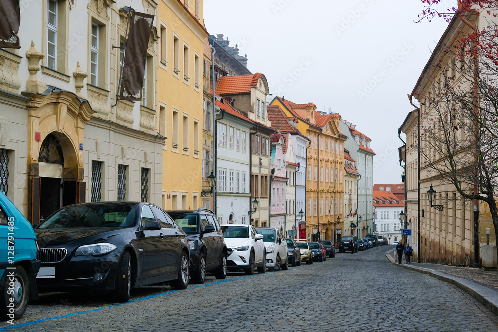 Prague, Czechia - November, 23, 2016: cars parking on a street in an Old Town of Prague, Czechia