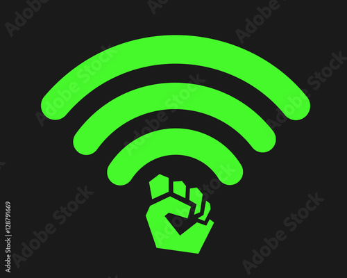 METAPHOR MEANING: Modified symbol of wi-fi signal with raised fist as metaphor of internet activism - hacking, revolution through modern social media, web with leaked content