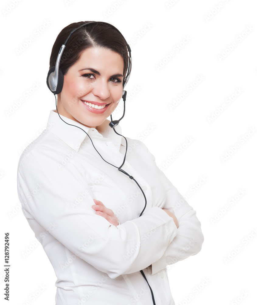Beautiful smiling woman using a headset, White background. Beautiful smiling woman using a headset, White background.