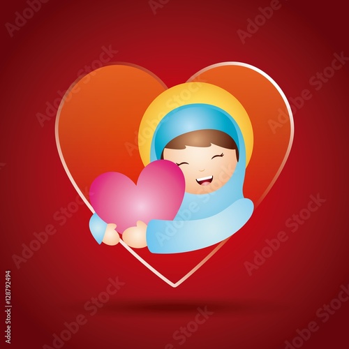cartoon virgin mary hugging a pink heart over red background. catholic love design. vector illustration