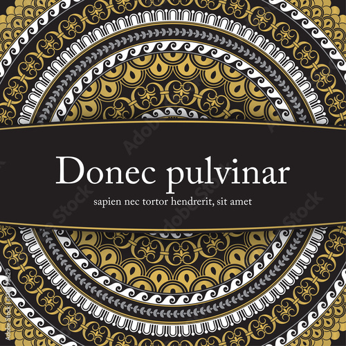 Vector template with mandala in black, gold and white colors