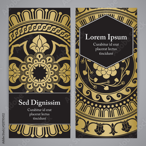 Vector flyer with mandala in black, gold and white colors
