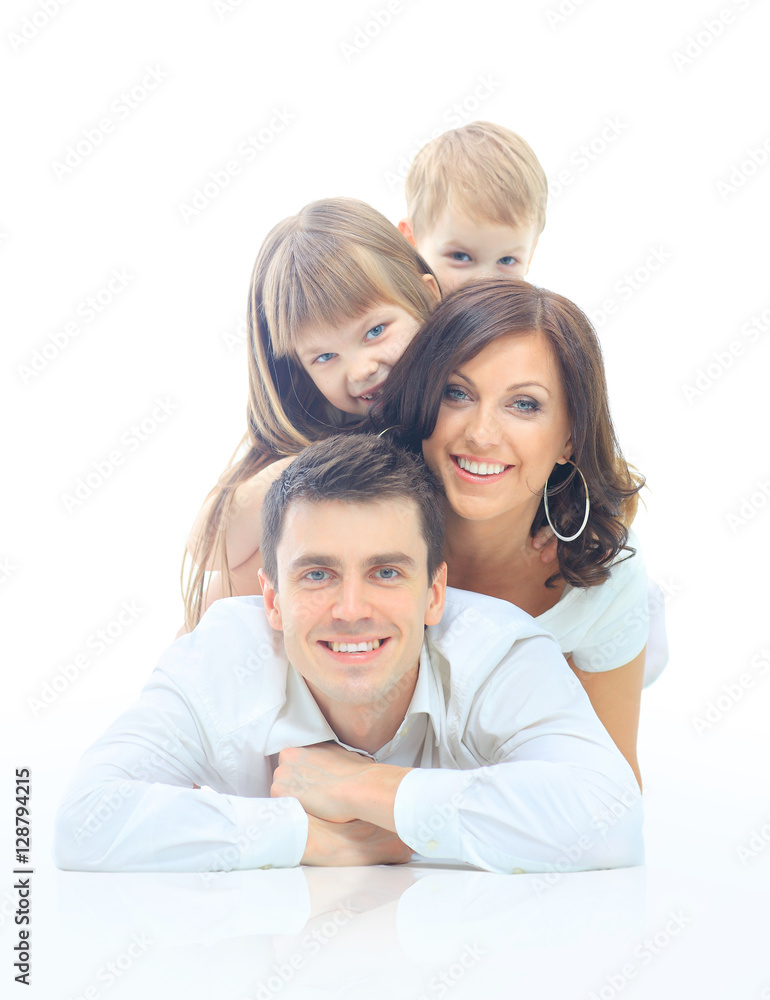 Happy family smiling. Isolated over a white background