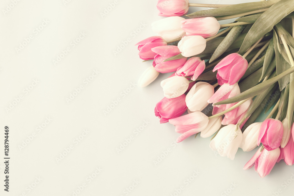 Vintage pink and white tulips flat lay