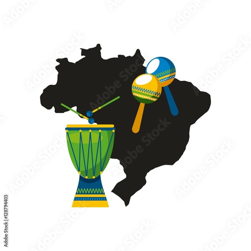 maracas and drum instrument of brazil musical culture over country map and white background. colorful design. vector illustration