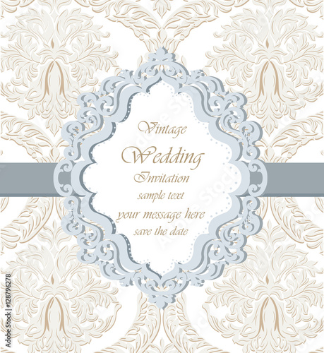 Vector Damask Lace Invitation card with floral ornament. Delicate intricate decorated card for wedding ceremonies, anniversary, events. Pastel trendy colors
