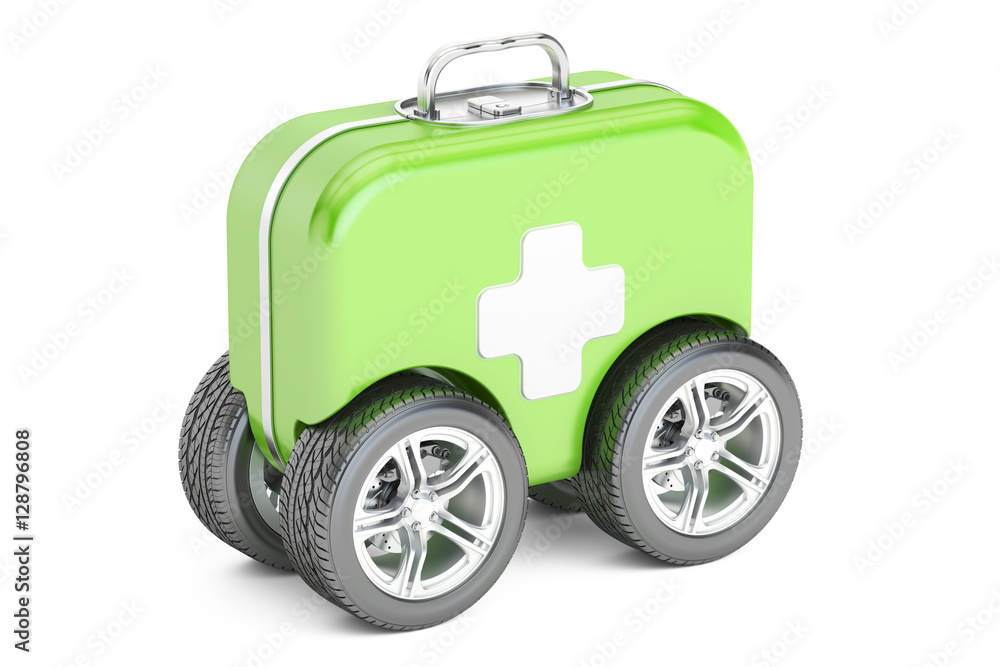 First Aid Kit on Wheels. First Aid concept. 3D rendering