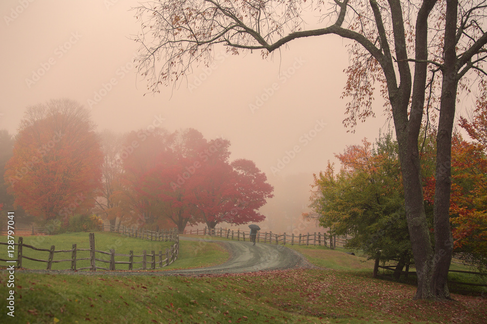 Autumn foggy morning in the countryside of Woodstock, Vermont, New England Autumn foggy morning in the countryside of Woodstock, Vermont, New England