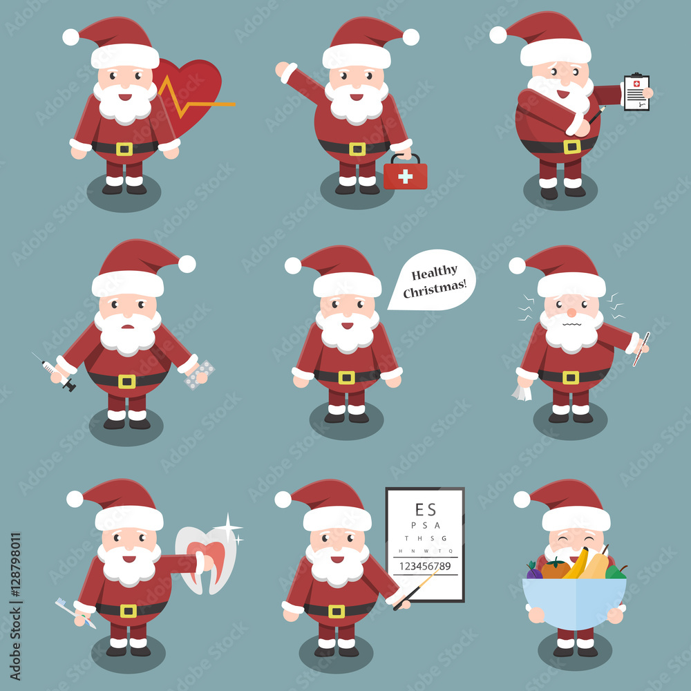 Collection of vector cartoon Santa Claus character in medical and healthcare situations and poses. Concept of Healthy Christmas and Happy New Year.