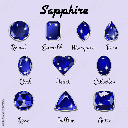 Set of different types of cuts of precious stone Sapphire in realistic shapes in deep blue color with silver edging. Vector illustration