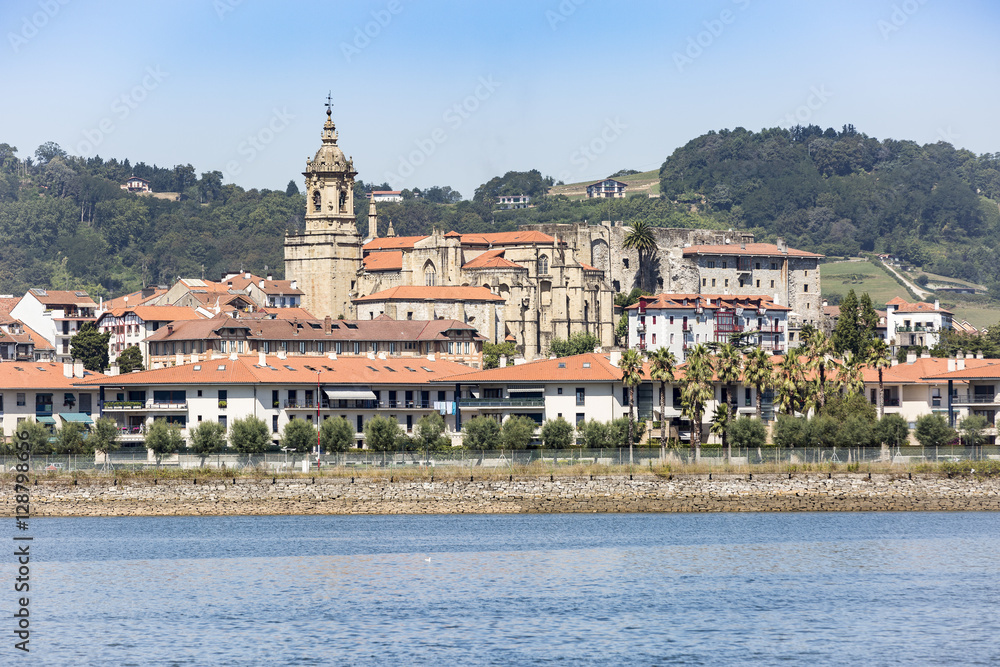 a view of Hondarribia town, Bidasoa river and the Nuestra Señora del Manzano church, Gipuzkoa, Basque Country, Spain