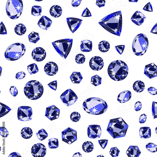 Seamless pattern with deep blue scattered precious gem Sapphire from different cuts on white background. Vector illustration
