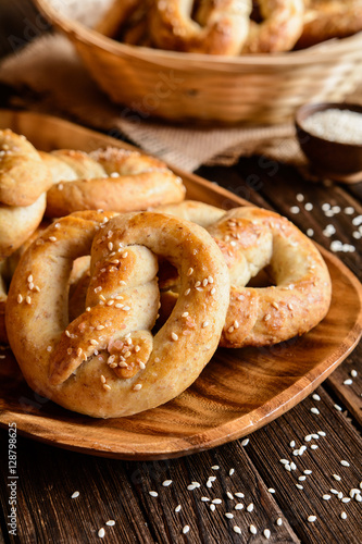 Whole meal pretzels with sesame and salt