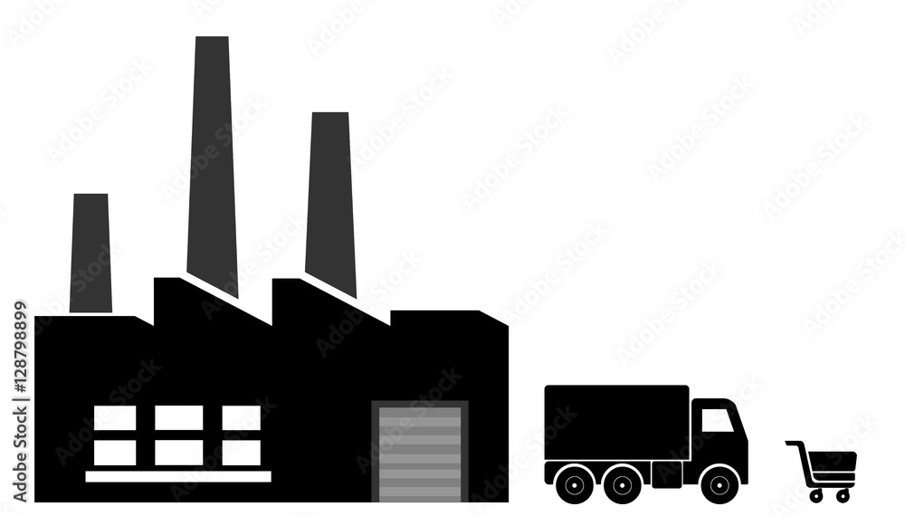 Usine, camion de livraison et caddie Usine, camion de livraison et caddie
