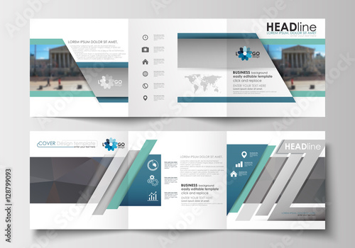 Set of templates for tri-fold brochures. Square design. Leaflet cover, flat layout, easy editable blank. Abstract business background, blurred image, urban landscape, modern stylish vector.