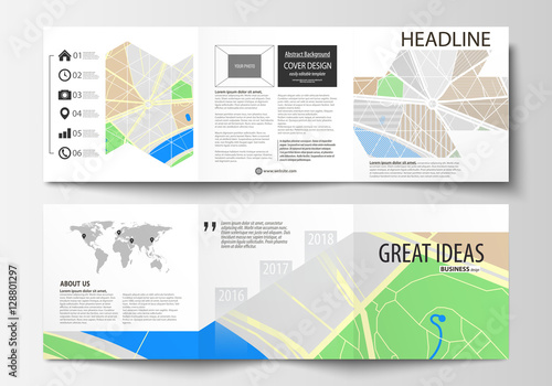 Set of business templates for square tri fold brochures. Leaflet cover, easy editable layout. City map with streets. Flat design template, tourism businesses, abstract vector illustration.