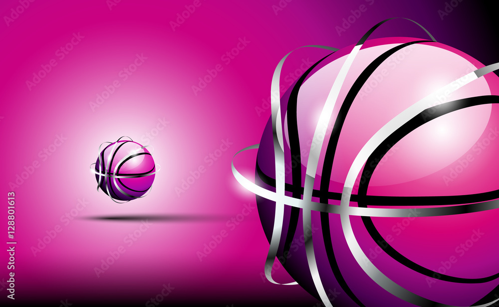 Fototapeta premium 3d abstract logo of basketball ball with silver framing (stripes) around outside . Violet (pink) tones.