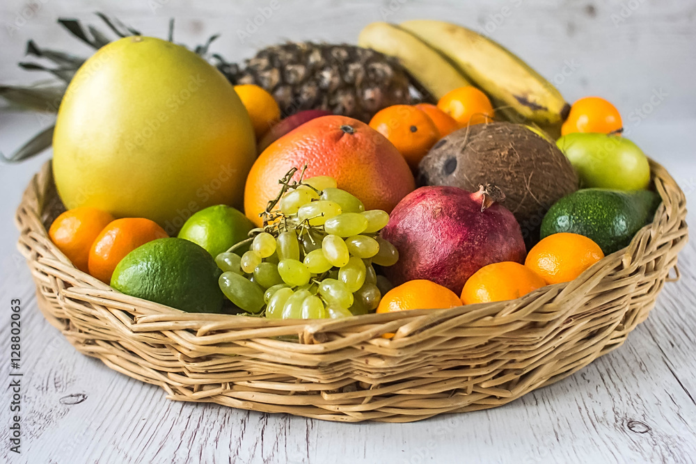 Fresh juicy citrus fruits in a basket