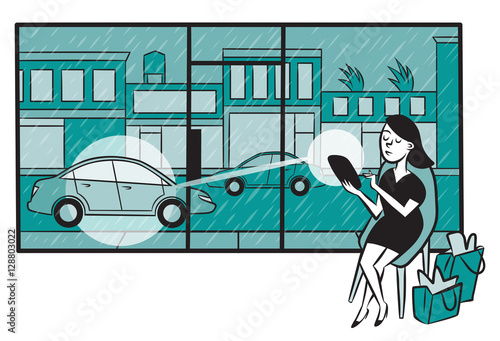 A woman uses a ride sharing app on her smartphone to conveniently call a car while shopping during a rainstorm.