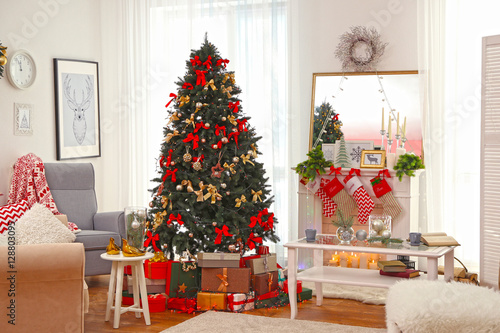 Interior of beautiful living room decorated for Christmas