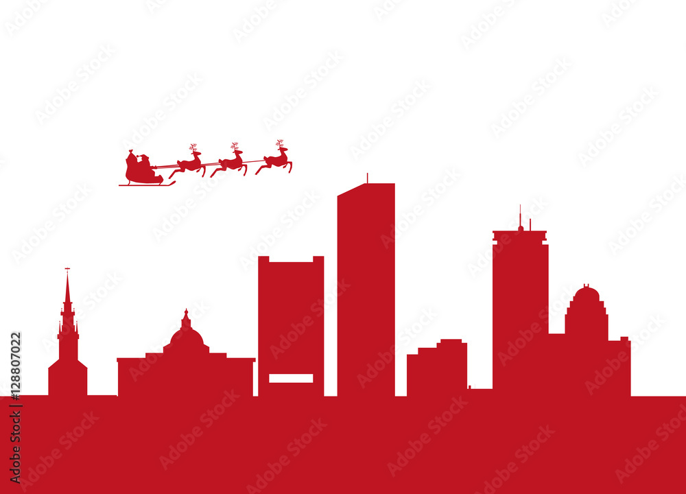santa flying over the city of boston