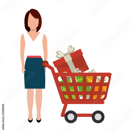 woman character with cart shopping vector illustration design