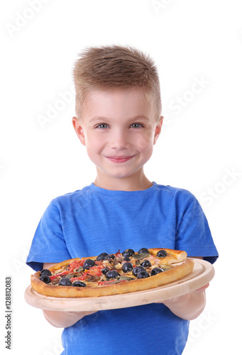 Cute boy with hot pizza, is...