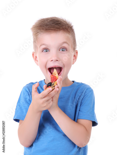 Cute boy eating pizza, isol...