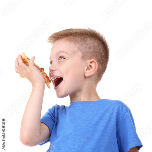 Cute boy eating pizza, isol...