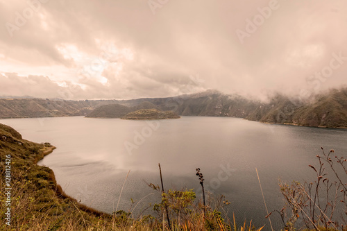 Aerial View Over Volcanic Lake Laguna Cuicocha, Ecuador