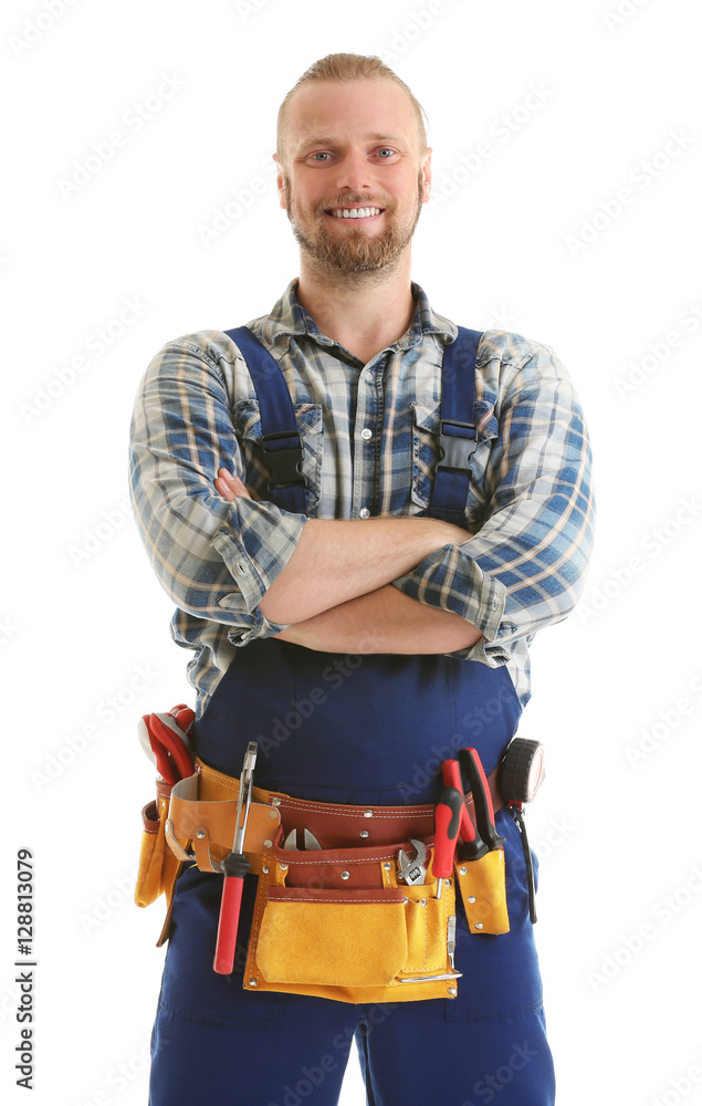 Handsome worker with tools belt isolated on white Handsome worker with tools belt isolated on white