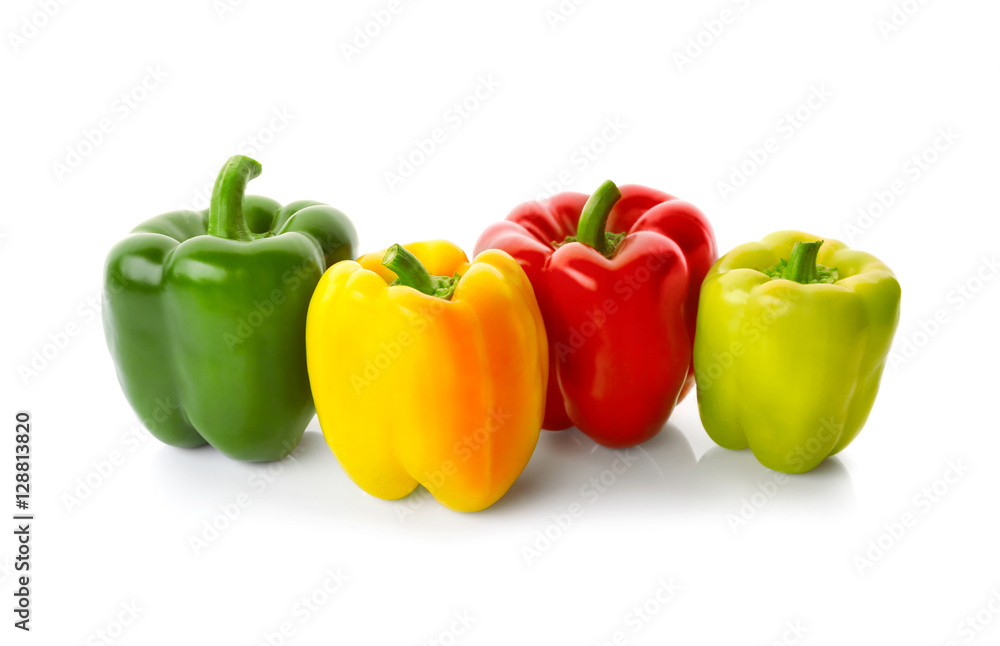 Set of sweet red, yellow and green peppers on white background Set of sweet red, yellow and green peppers on white background