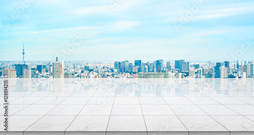 Photography Business concept - Empty marble floor top with panoramic sky view of mountain un