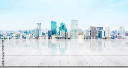 Photography Business concept - Empty marble floor top with panoramic sky view of mountain un