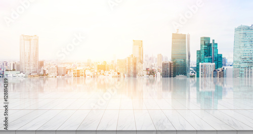 Photography Business concept - Empty marble floor top with panoramic sky view of mountain un