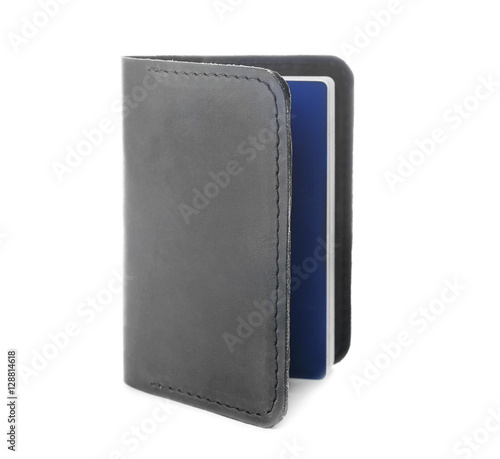 Opened black leather cover ...