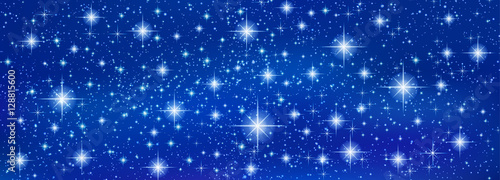 Abstract Blue banner background with sparkling twinkling stars. Cosmic shiny galaxy. Holiday blank backdrop texture for Christmas (Xmas), Happy New Year, glow milky way elements (fantasy sky)
