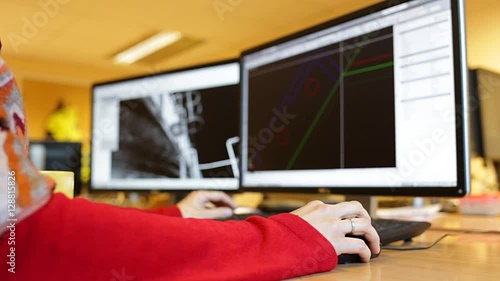 Woman's hand holding a mouse for office design work. Female architect or engineer designing building
