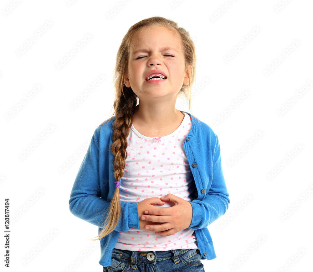 Cute little girl suffering from stomach ache, isolated on white Cute little girl suffering from stomach ache, isolated on white