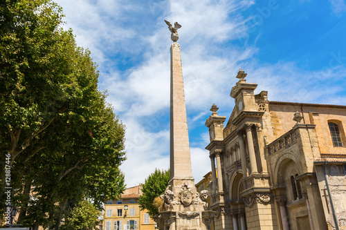 Obelisk in front of the Eglise de la Madeleine in Aix en Provence photo