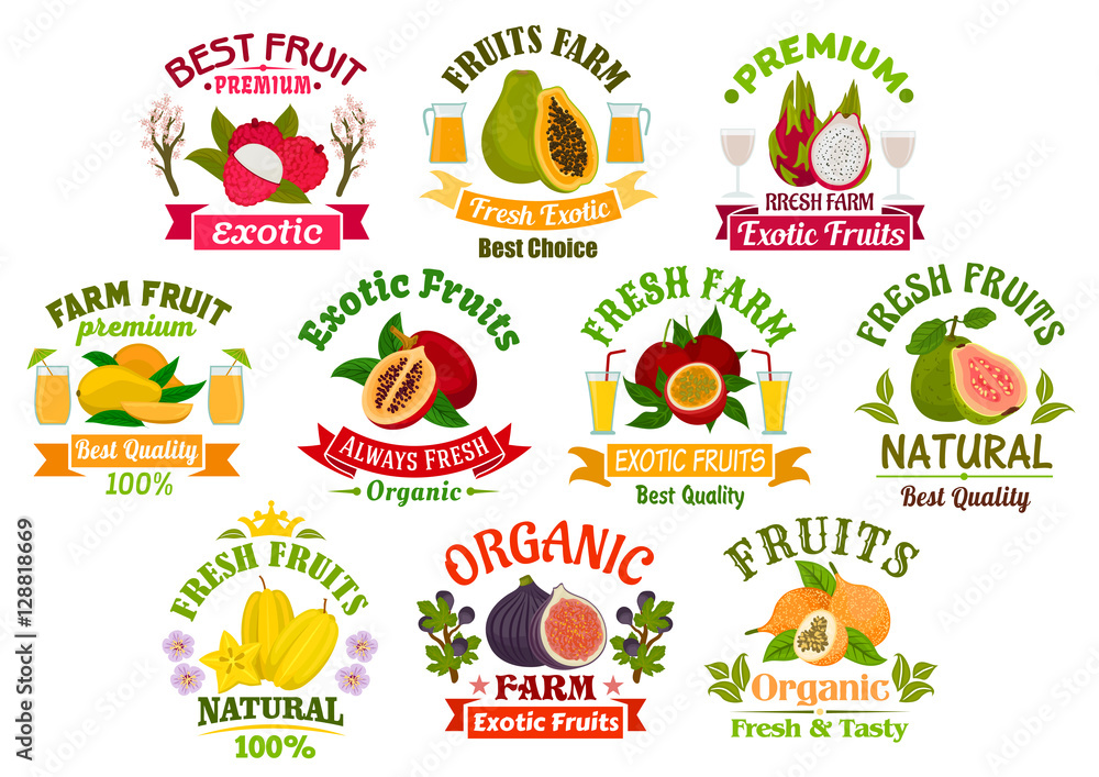 Fresh juicy fruits signs set Fresh juicy fruits signs set