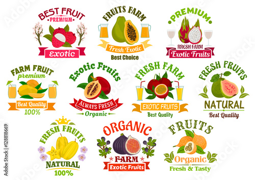 Fresh juicy fruits signs set