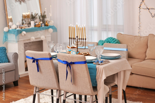 Table served for Hanukkah in living room