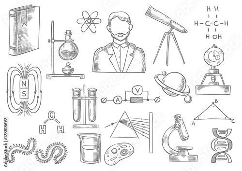 Scientific items. Vector sketch isolated icons