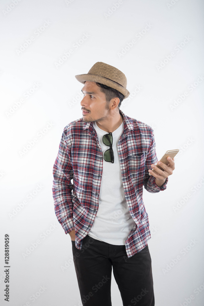 Handsome man and eyeglasses speaking on White Background Handsome man and eyeglasses speaking on White Background
