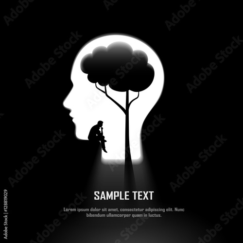 Silhouette of man sitting and thinking under the tree brain