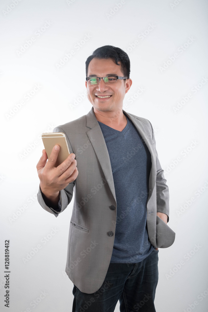 Handsome businessman and eyeglasses speaking on White Backgroun Handsome businessman and eyeglasses speaking on White Backgroun