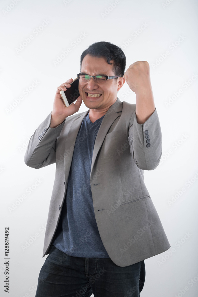 Handsome businessman and eyeglasses speaking on White Backgroun Handsome businessman and eyeglasses speaking on White Backgroun