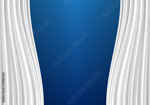 White curtain fabric on blank blue wall vector illustration.