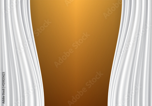 White curtain fabric on blank gold wall vector illustration.